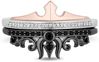 Jewelili Enchanted Disney Fine Jewelry Black Rhodium and Rose Gold Over Sterling Silver 1/5 Cttw Treated Black and Natural White Round Diamonds Aurora and Maleficent Duo Stack Ring