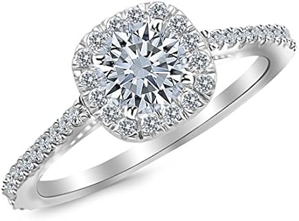 14K White Gold 1.25 Carat LAB GROWN DIAMOND Gorgeous Classic Cushion Halo Style Round Cut Diamond Engagement Ring (D-E Color VS1-VS2 Clarity 0.75 Ct Center)