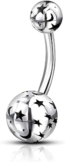 Cubic Zirconia-Adorned Silver Star & Moon Belly Button Ring for Women, 14G Stainless Steel Navel Piercing Jewelry with Easy Screw-On Design