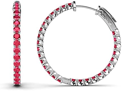 1.39ctw Ruby Inside-Out Hoop Earrings with Hidden-Snap-Posts in 14K White Gold for Women - Elegant Hoop Design