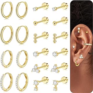 Cubic Zirconia Gold-Plated Flat Back Stud Earrings for Women, Hypoallergenic Surgical Steel, Stud Shape Design