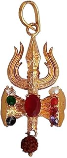 Golden Color Navratan Navgrah Mahakal Locket with Rudraksha Om Trishul Pendant Spiritual Shiva Bholenath Religious Locket With Black Thread