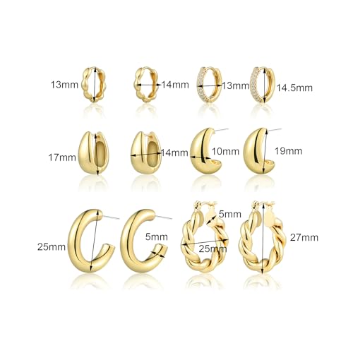 6 Pairs Gold Hoop Earrings for Women, 14K Gold Plated Chunky Huggie Hoop Earrings Set Hypoallergenic, Lightweight Twisted Open Hoops Jewelry for Christmas/Birthday Gifts.