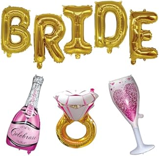 SEASHIMMER Party Balloon Set: 40 inch Gold 'Bride', Pink Champagne, Rose Gold Engagement Ring, Pink Wine Glass - Ideal for Weddings & Celebratory Occasions