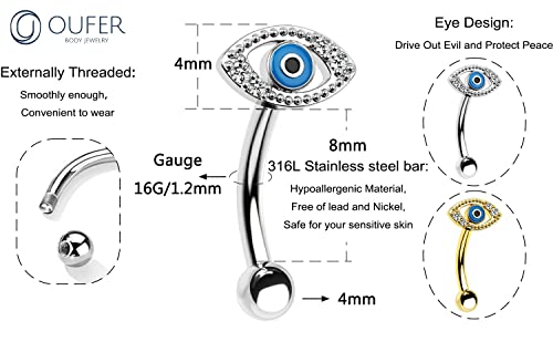 OUFER 16G Rook Earrings, 316L Surgical Steel Eyes Rook Piercing Jewelry, Clear CZ Paved Eyebrow Rings, Curved Barbells, Vertical Labret Lip Piercing Jewelry