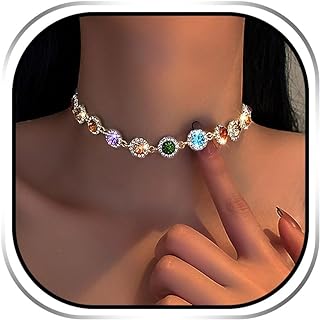 EARENT Colorful Crystal Choker Necklace Gold Rhinestone Chokers Sparkly Necklaces Chain Minimalist Prom Party Neck Jewelry for Women