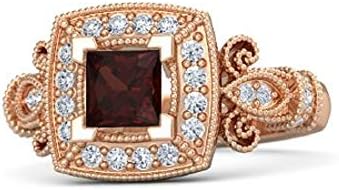 925 Sterling Sliver Princess Cut Red Garnet & CZ Diamond Vintage-Inspired Dauphine Engagement Wedding Bridal Ring