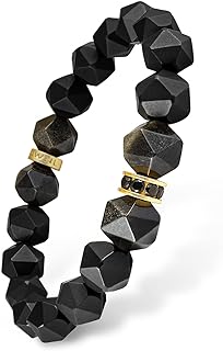 Beaded Bracelet with Onyx, Tiger Eye, Obsidian, Dumortierite, Bloodstone Natural Gemstone (10 mm) with Sterling Silver Lucky Charm Gift for Men, 5.9''- 8''