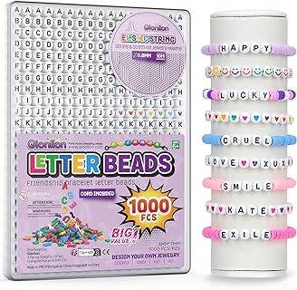 Teen Friendly Gionlion Friendship Bracelets Kit with 1000 Pcs Letter Beads, Acrylic Black Letter White Beads, Elastic String & Colorful Heart Beads - DIY Jewelry Making Craft Set