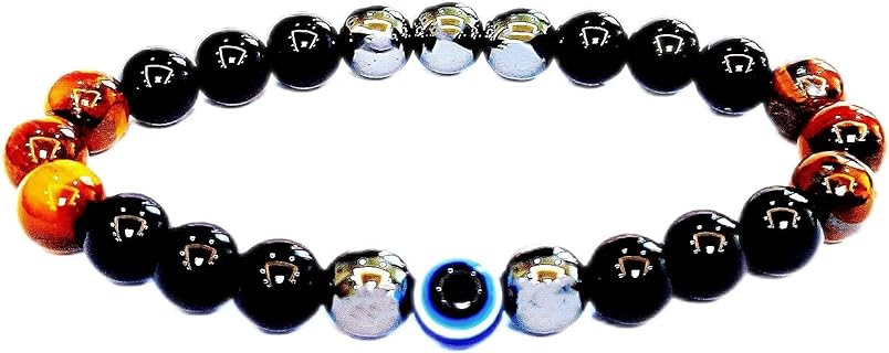 Triple Protection Bracelet with Hematite, Black Obsidian, Tiger Eye Stones on a Bead Chain, Enhanced with Botswana-Agate Gems, for Men and Women