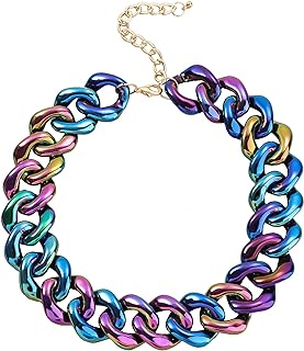 Punk Acrylic Colorful Leopard Cuban Link Chain Statement Necklace Rainbow Chunky Paperclip Collar Choker Necklace for Women Teens Girls Gift Hip Hop Adjustable Geometric Bar Jewelry