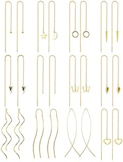 12Pairs Stainless Steel Threader Earrings for Women Chain Tassel Earrings Double Twist Wave Dangle Drop Chain Earrings Set