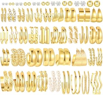 46 Pairs Gold Hoop Earrings Set for Women Girls, Fashion Hypoallergenic Chunky Twisted Pearl Stud Earrings Multipack, Small Big Hoops Earring Packs Trendy for Christmas Birthday Party Jewelry Gift
