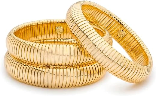 Spring Ring Clasp Snake Chain Steel Bangle Bracelets for Women - Stainless Steel Gold-Tone Set of 3 Statement Bangles