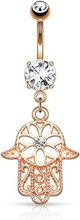 14GA Stainless Steel Beaded Hamsa Hand Belly Ring with CZ Crystal Center for Piercing Enthusiasts, Unique Spiritual Design