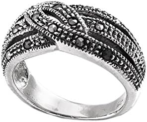 Silverly Womens 925 Sterling Silver Simulated Marcasite Wide Fourteen Stones Ring