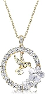 18K Gold Plated Hummingbird Pendant Necklace with Cable Chain, Women's Circle Necklace with Cubic Zirconia, Ideal Bird Design Gift for Ladies and Girls