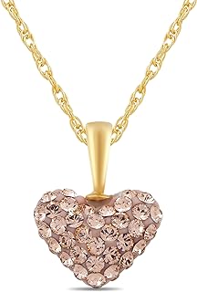 Jewelili 10K Yellow Gold Puffed Heart Pendant Necklace with Light Peach Round Cubic Zirconia On 18-Inch 14K Gold Filled Rope Chain, Spring Ring Clasp, Made in USA