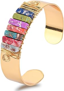 Nature Crystal Cuff Bangle Bracelet for Women, 7 Chakra Copper Nature Healing Crystal Wide Open Bangle