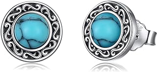 JOERPH Boho-Style Sterling Silver Turquoise Stud Earrings with Push Back, Featuring Moonstone and Malachite for Men and Women, Round Design - Ideal Western Jewelry Gift