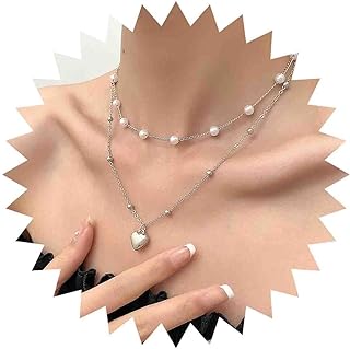 Boho Layered Heart Necklace Gold Love Heart Pendant Necklace Vintage Station Pearl Choker Necklace Station Pearl Chain Necklace Jewelry for Women and Girls