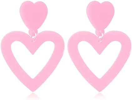 2024 Summer Hot Pink Love Heart Earrings for Women Girls Y2K Double Heart Red Dangle Earrings Lightweight Acrylic Earrings Jewelry Gifts for Valentine's Day Wife Mom Girlfriend Her