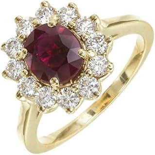 2.18 Cttw Oval Shape Simulated Red Ruby & White Cubic Zirconia Wedding Engagement Halo Ring In 14K Yellow Gold Plated 925 Sterling Silver