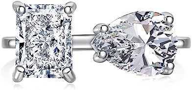 Sterling Silver Engagement Ring for Women from Ambica New York, Toi Et Moi Ring Style, Features Hypoallergenic Radiant Cut and Pear-Shaped Cubic Zirconia Gems, Size 7