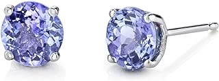 Peora 14K White Gold Tanzanite Stud Earrings for Women, Genuine Gemstone, Classic Solitaire Round Shape, 6mm, 1.50 Carats total, Friction Back