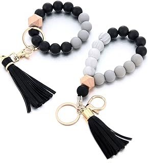 2PCS Silicone Beaded Bracelet Keychain, Key Ring Bangle Wristlet Keychain with Leather Tassel for Women/Girls (Black)