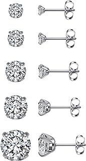 Top Plaza Hypoallergenic Stainless Steel Stud Earrings Round Cubic Zirconia CZ Earring Set for Women Men 3mm-8mm