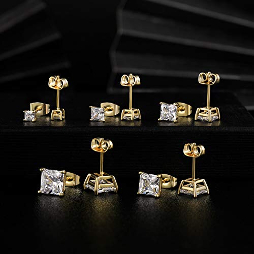 18K White Gold/Yellow Gold/Rose Gold Plated Princess Cut Square Clear Cubic Zirconia Stud Earring Pack of 5 Pairs