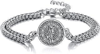 YFN Saint Christopher Sterling Silver Religious Charm Bracelet with Box Chain and Lobster Claw Clasp, for Women and Men