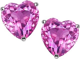 Star K Sterling Silver Heart Shaped Stud Earrings with Push Back, Featuring 7mm Created Pink Sapphire for Women