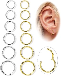 12-Piece Unisex Hinged Clicker Nose Ring Set, 316L Stainless Steel Body Piercing Jewelry for Men and Women, Various Sizes Septum/Helix/Cartilage/Daith/Lip Hoops, Hypoallergenic and Comfortable