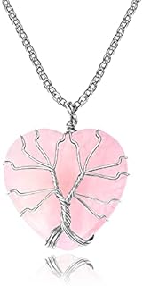 Pink Crystal Heart Necklace with Healing Carnelian, Rose Quartz & Amethyst on a Stainless Steel Cable Chain for Women - Tree of Life Design with Hexagonal Irregular Dragon Wrapped Pendant