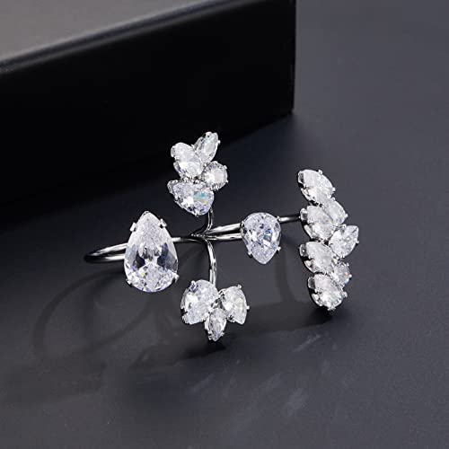 Adjustable Two Finger Rings for Women-Leaf Flower Statement Ring-Silver CZ Double Finger Ring-Open Cubic Zirconia Cocktail Ring Christmas Day Gift