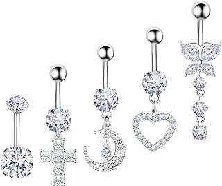 Belly Button Ring Gold Silver Dangle Navel Belly Rings for women 14G Surgical Stainless Steel Hypoallergenic Belly Button Piercing Pack Pink CZ Heart Butterfly Cross Star Moon Dangly Dangling Belly Piercing Jewelry Set