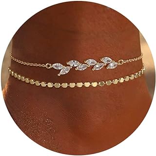 Foxgirl Gold Ankle Bracelets for Women,14k Gold Plated/Silver Anklets for Women Waterproof Layered CZ Leaf Beaded Cuban Chain Anklets Set Summer Beach Anklets for Women Teen Girls Gold Jewelry Gifts