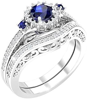 Ring 925 Sterling Silver Platinum Plated Elegant Round Shape Cut 0.5Carats Cubic Zirconia Solitaire 4mm Created Blue Sapphire Gemstone Engagement Wedding Layered Band Jewelry Accessory