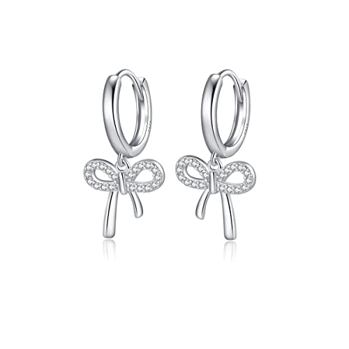 Reffeer Solid 925 Sterling Silver Bow Drop Hoop Earrings for Women Girls Bowknot Hoop Earrings Huggies