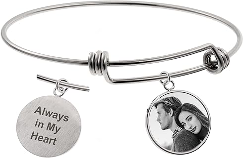 Personalized Photo Text Engrave Custom Message Picture Dangle Charm Adjustable Wire Bangle Bracelet Family Friend Inspirational Gift