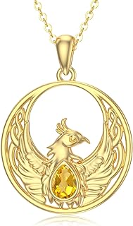 14K Real Gold Phoenix Necklace with Natural Citrine for Women Girls,Yellow Gold Phoenix Bird Pendant Necklace Jewelry Birthday Christmas Gifts for Her 16+1+1 inch