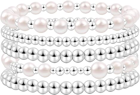 Gold Beaded Bracelets For Women White Black Beads Bracelets Gold Filled Bead Ball Stretch Elastic Stackable Layered Sets Trendy Dainty Jewelry