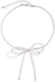 Boho Choker Necklace Vintage Imitation Pearl Beaded Necklace Cute Bow Chain Necklace For Women Girl Valentine's Day Birthday Wedding Party Jewelry Accessories