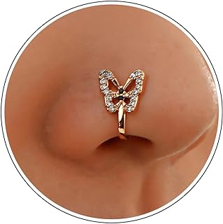 Zeshimb CZ Butterfly Fake Nose Ring Gold Butterfly Septum Nose Ring Faux U Shaped Clip on Nose Cuff No Piercing Bendable Nose Ring Stud Body Jewelry for Women and Girls