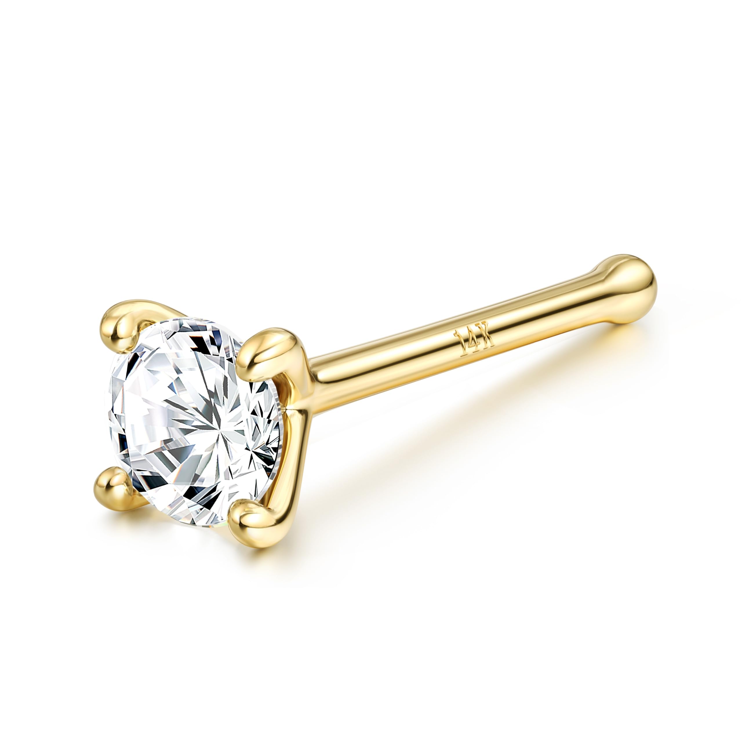 BodyBonita 14K Solid Gold Nose Rings - Twist/Bone Style Nose Stud 18G 20G Screw Shaped CZ Post Hypoallergenic Piercing Jewelry Rings for Women Men 3mm/2mm/1.5mm Cubic Zirconia 7mm Bar Length