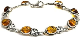 Authentic Amber Sterling Silver Grapevine Bracelet with Lobster Claw Clasp and Box Chain for Women, Charming Design from Poland
