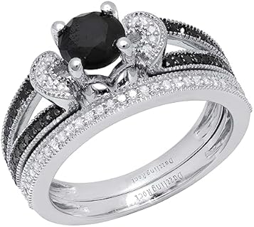 Split Shank Black & White Diamond Wedding Ring Set in Sterling Silver for Her - Unique Solitaire Style Design