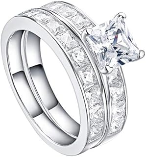 Princess-Cut 4mm Sterling Silver Engagement Ring Set with Channel-Set Cubic Zirconia for Her, Rhodium-Plated Wedding Band Design